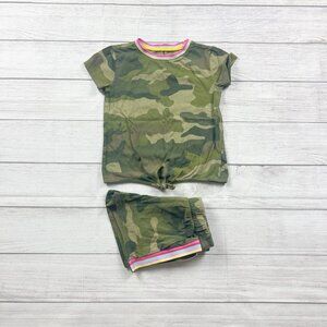 Crewcuts Girls 2-Piece Outfit Camo Top and Shorts Set Rainbow Stripe Trim S 6-7